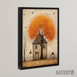 "Artery8 Country House Rural Life in Autumn Framed Canvas Wall Art Print in Orange - Size: W18"" x H24""" - thumbnail 2