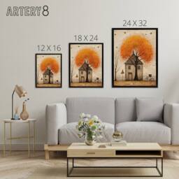 "Artery8 Country House Rural Life in Autumn Framed Canvas Wall Art Print in Orange - Size: W18"" x H24""" - thumbnail 4