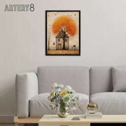 "Artery8 Country House Rural Life in Autumn Framed Canvas Wall Art Print in Orange - Size: W18"" x H24""" - thumbnail 3