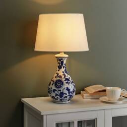 Wyld and Coco Blue and White Floral Porcelain Table Lamp - Linen Drum Shade - thumbnail 1