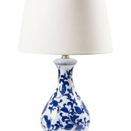 Wyld and Coco Blue and White Floral Porcelain Table Lamp - Linen Drum Shade - thumbnail 2