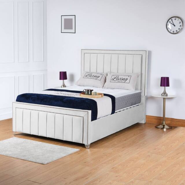 UK Bed Furniture Fiona Slatted Base Upholstered Bed with 48 Inch Headboard in White - Size: Super King - image 1