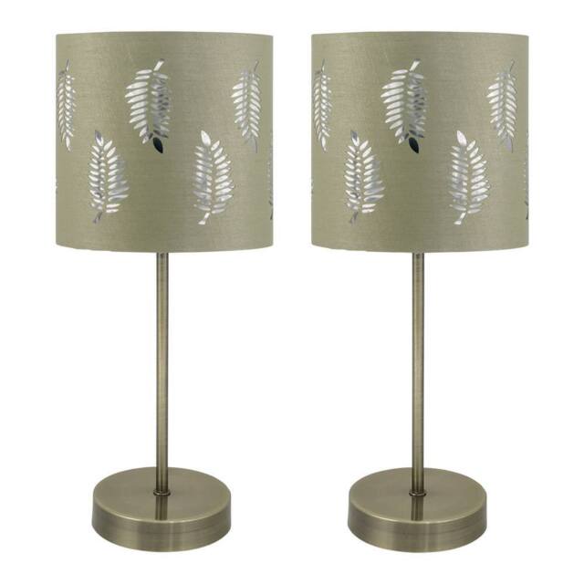 First Choice Lighting Set of 2 Antique Brass Stick Table Lamps with Sage Green Fern Shades in Bronze - image 1