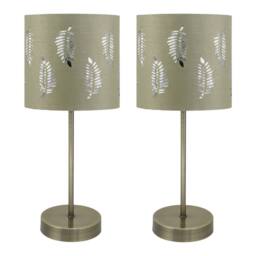 First Choice Lighting Set of 2 Antique Brass Stick Table Lamps with Sage Green Fern Shades in Bronze - thumbnail 1
