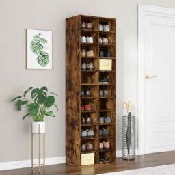 Berkfield Home Shoe Cabinet Smoked Oak 54x34x183 cm Engineered Wood in Brown - Size: 54 x 34 x 183 cm - thumbnail 1