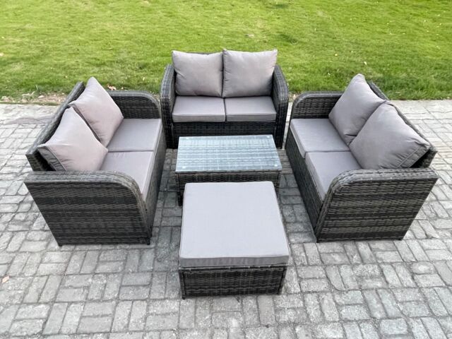 Fimous Outdoor Garden Furniture Sets 7 Seater Wicker Rattan Furniture Sofa Sets with Rectangular Coffee Table Love Sofa Big Footstool in Dark Grey - image 1