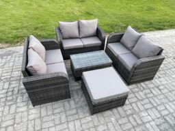 Fimous Outdoor Garden Furniture Sets 7 Seater Wicker Rattan Furniture Sofa Sets with Rectangular Coffee Table Love Sofa Big Footstool in Dark Grey - thumbnail 2