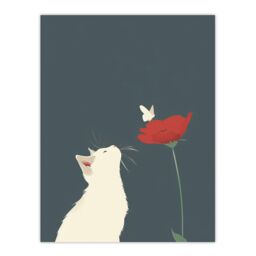 "Artery8 White Kitten with Rose Butterfly Artwork Cute Wall Art Print in Grey - Size: W24"" x H32""" - thumbnail 1