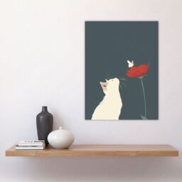 "Artery8 White Kitten with Rose Butterfly Artwork Cute Wall Art Print in Grey - Size: W24"" x H32""" - thumbnail 4