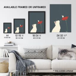 "Artery8 White Kitten with Rose Butterfly Artwork Cute Wall Art Print in Grey - Size: W24"" x H32""" - thumbnail 3