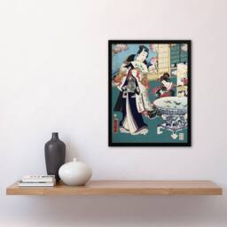 "Artery8 Spring Outing in a Villa Japan Framed Wall Art Print Toyohara Kunichika in Blue - Size: W12"" x H16""" - thumbnail 4