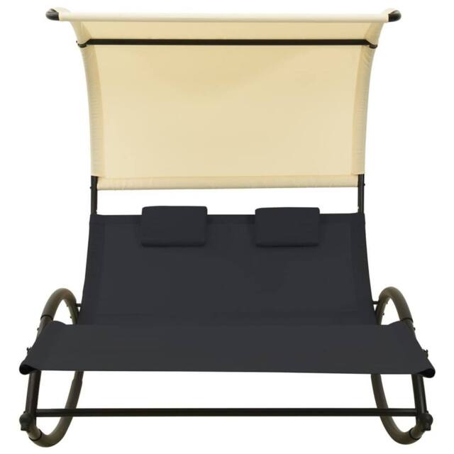 Berkfield Home Double Sun Lounger with Canopy Textilene Black & Cream - image 1