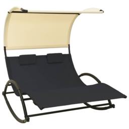 Berkfield Home Double Sun Lounger with Canopy Textilene Black & Cream - thumbnail 2