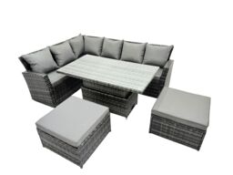 Fimous Poly Rattan Outdoor Patio Corner Sofa Set with 2 Big Stool in Dark Grey - thumbnail 2