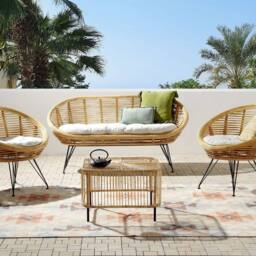 Wyld and Coco 4 Seater Natural Rattan Sofa Set Coffee Table and Light Beige Cushions - thumbnail 1
