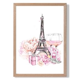 ARTZE Eiffel Tower & Peonies Fashion Illustration Framed Print SIZE: A4 with Oak Frame in Pink