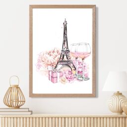 ARTZE Eiffel Tower & Peonies Fashion Illustration Framed Print SIZE: A4 with Oak Frame in Pink - thumbnail 2