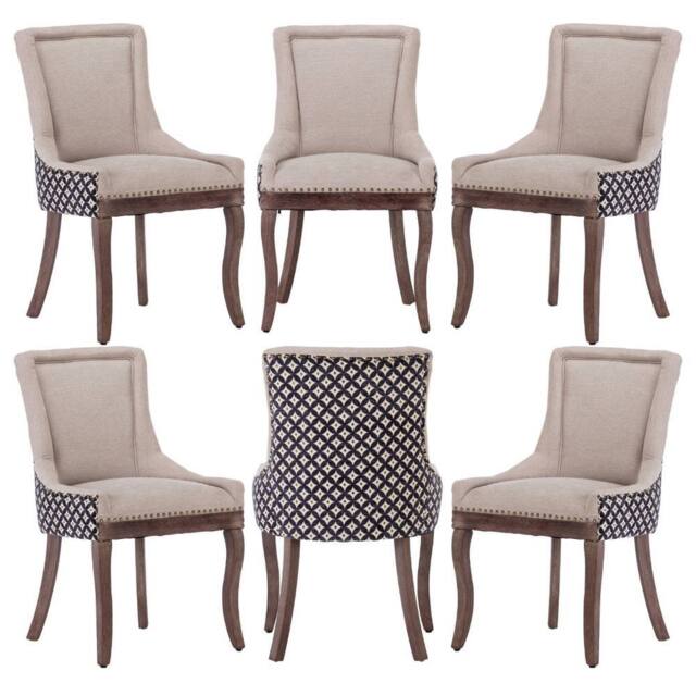 Modern Home Touch Bewley Set of 6 Vintage Linen Upholstered Kitchen Dining Chairs with Oak Wood Legs Black in Beige - Size: 6 Pack - image 1
