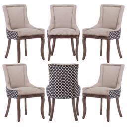 Modern Home Touch Bewley Set of 6 Vintage Linen Upholstered Kitchen Dining Chairs with Oak Wood Legs Black in Beige - Size: 6 Pack