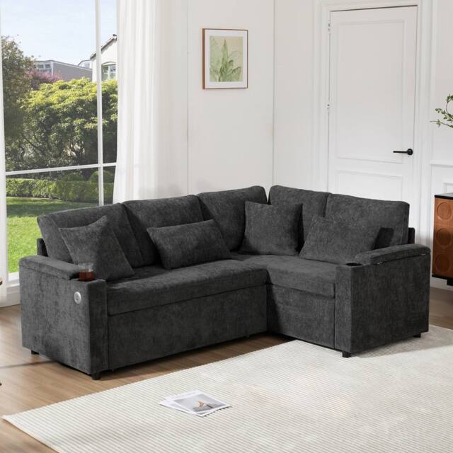 Merax L-Shaped Pull-Out Corner Sofa Bed with Smart USB Ports & Storage in Grey - image 1