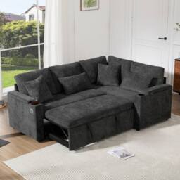Merax L-Shaped Pull-Out Corner Sofa Bed with Smart USB Ports & Storage in Grey - thumbnail 2
