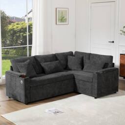 Merax L-Shaped Pull-Out Corner Sofa Bed with Smart USB Ports & Storage in Grey