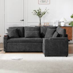 Merax L-Shaped Pull-Out Corner Sofa Bed with Smart USB Ports & Storage in Grey - thumbnail 5