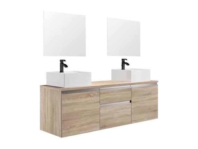 Vente-unique Suspended Bathroom Vanity Unit With Double Basin & Mirrors - Light in Light Oak - image 1