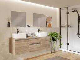 Vente-unique Suspended Bathroom Vanity Unit With Double Basin & Mirrors - Light in Light Oak - thumbnail 2