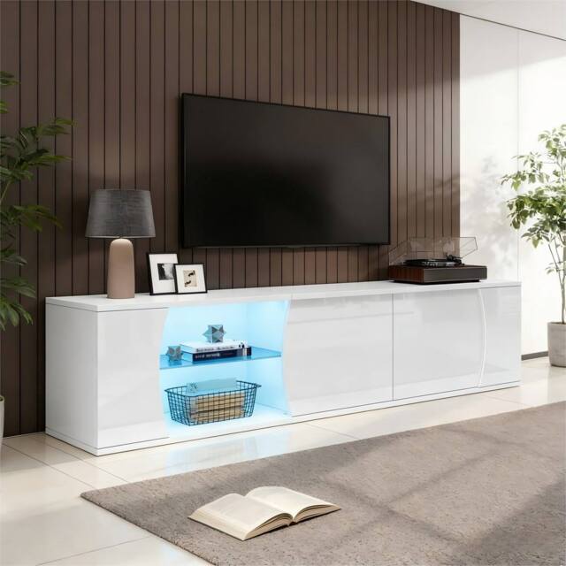 BTM 180x40x45 TV Cabinet Lowboard Glass Doors LED Storage TV Stand in White - image 1