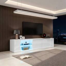 BTM 180x40x45 TV Cabinet Lowboard Glass Doors LED Storage TV Stand in White - thumbnail 5