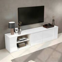 BTM 180x40x45 TV Cabinet Lowboard Glass Doors LED Storage TV Stand in White - thumbnail 3