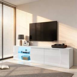 BTM 180x40x45 TV Cabinet Lowboard Glass Doors LED Storage TV Stand in White - thumbnail 4