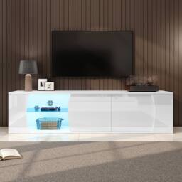 BTM 180x40x45 TV Cabinet Lowboard Glass Doors LED Storage TV Stand in White - thumbnail 2