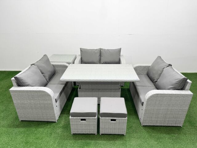 Fimous 8 Seater PE Wicker Rattan Furniture Sofa Sets with Adjustable Lifting Dining or Coffee Table 2 Seater Love Sofa 2 Stool Side Table Light Grey - image 1