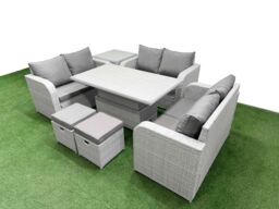 Fimous 8 Seater PE Wicker Rattan Furniture Sofa Sets with Adjustable Lifting Dining or Coffee Table 2 Seater Love Sofa 2 Stool Side Table Light Grey - thumbnail 2
