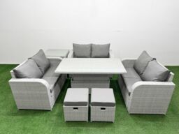 Fimous 8 Seater PE Wicker Rattan Furniture Sofa Sets with Adjustable Lifting Dining or Coffee Table 2 Seater Love Sofa 2 Stool Side Table Light Grey - thumbnail 1