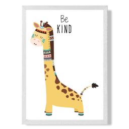 ARTZE Be Kind Giraffe Tribal Animal Quote Framed Print SIZE: A3 with White Frame in Yellow - Size: A4 - thumbnail 1