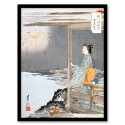 Artery8 Ogata Gekko Framed Wall Art Print Woman Watching Fireworks in Orange - Size: A4 - thumbnail 1