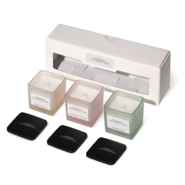 French Connection Square Glass Candle Trio Gift Set Vanilla, Raspberry Tea & Vetiver Oud - image 1