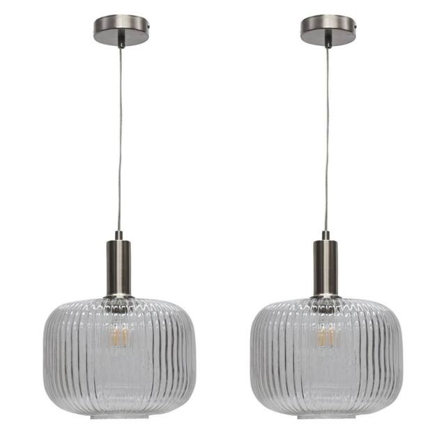 First Choice Lighting Set of 2 Batley Large - Clear Ribbed Glass Satin Nickel Deco Pendants - image 1