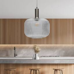 First Choice Lighting Set of 2 Batley Large - Clear Ribbed Glass Satin Nickel Deco Pendants - thumbnail 4