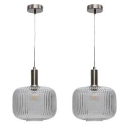 First Choice Lighting Set of 2 Batley Large - Clear Ribbed Glass Satin Nickel Deco Pendants - thumbnail 1