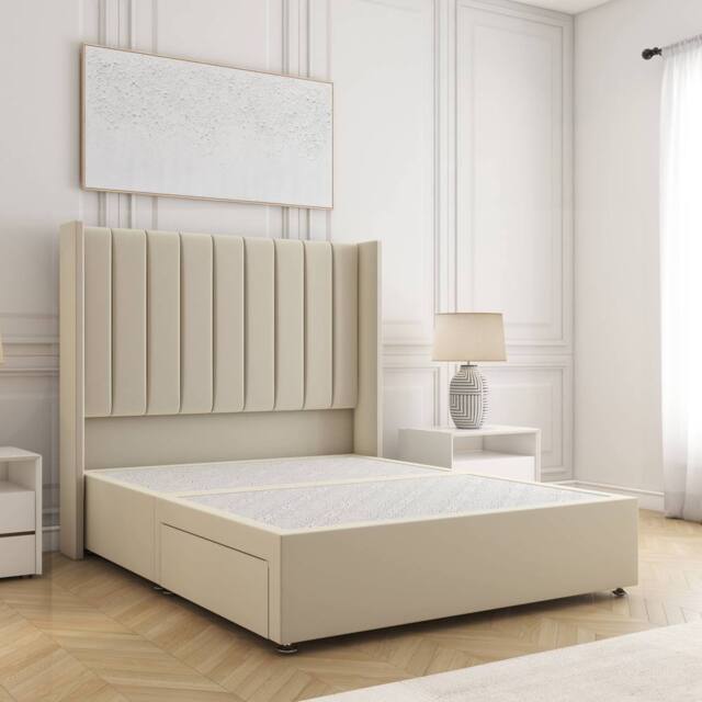 "BSSPOKE Hannah Divan Bed Plush Velvet 54"" Headboard & No Drawers No Mattress in Cream - Size: Double" - image 1