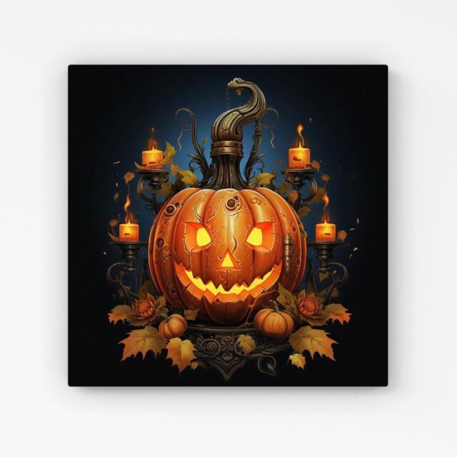 "Warren Reed - Designer Spooy Pumpkin With Leaves & Small Candles Canvas in Orange - Size: W16"" x H16""" - image 1