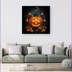 "Warren Reed - Designer Spooy Pumpkin With Leaves & Small Candles Canvas in Orange - Size: W16"" x H16""" - thumbnail 4