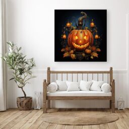 "Warren Reed - Designer Spooy Pumpkin With Leaves & Small Candles Canvas in Orange - Size: W16"" x H16""" - thumbnail 3