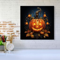"Warren Reed - Designer Spooy Pumpkin With Leaves & Small Candles Canvas in Orange - Size: W16"" x H16""" - thumbnail 2