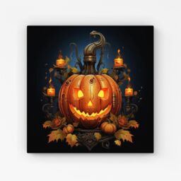 "Warren Reed - Designer Spooy Pumpkin With Leaves & Small Candles Canvas in Orange - Size: W16"" x H16""" - thumbnail 1
