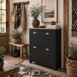 Wyld Haus Resuka Black Slim 2 Drawer Shoe Cabinet MDF Holds 6 to 12 Pairs